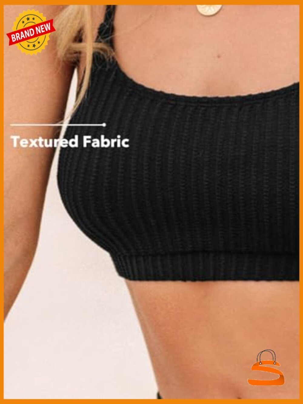 High Waisted Bikini Set Two Piece Swimsuits Textured Knit Scoop Neck Adjustable - Picture 4 of 7
